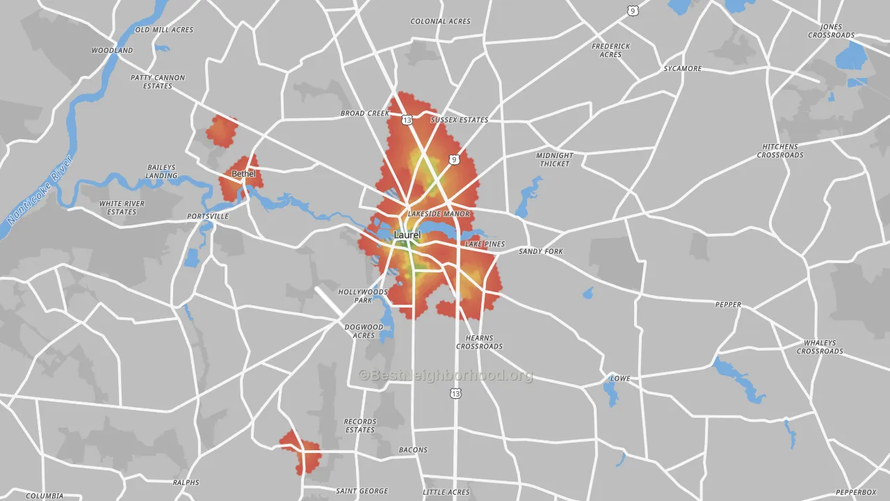 Walk Grade map of 19956, DE, walkable areas in green and car-dependent areas in red