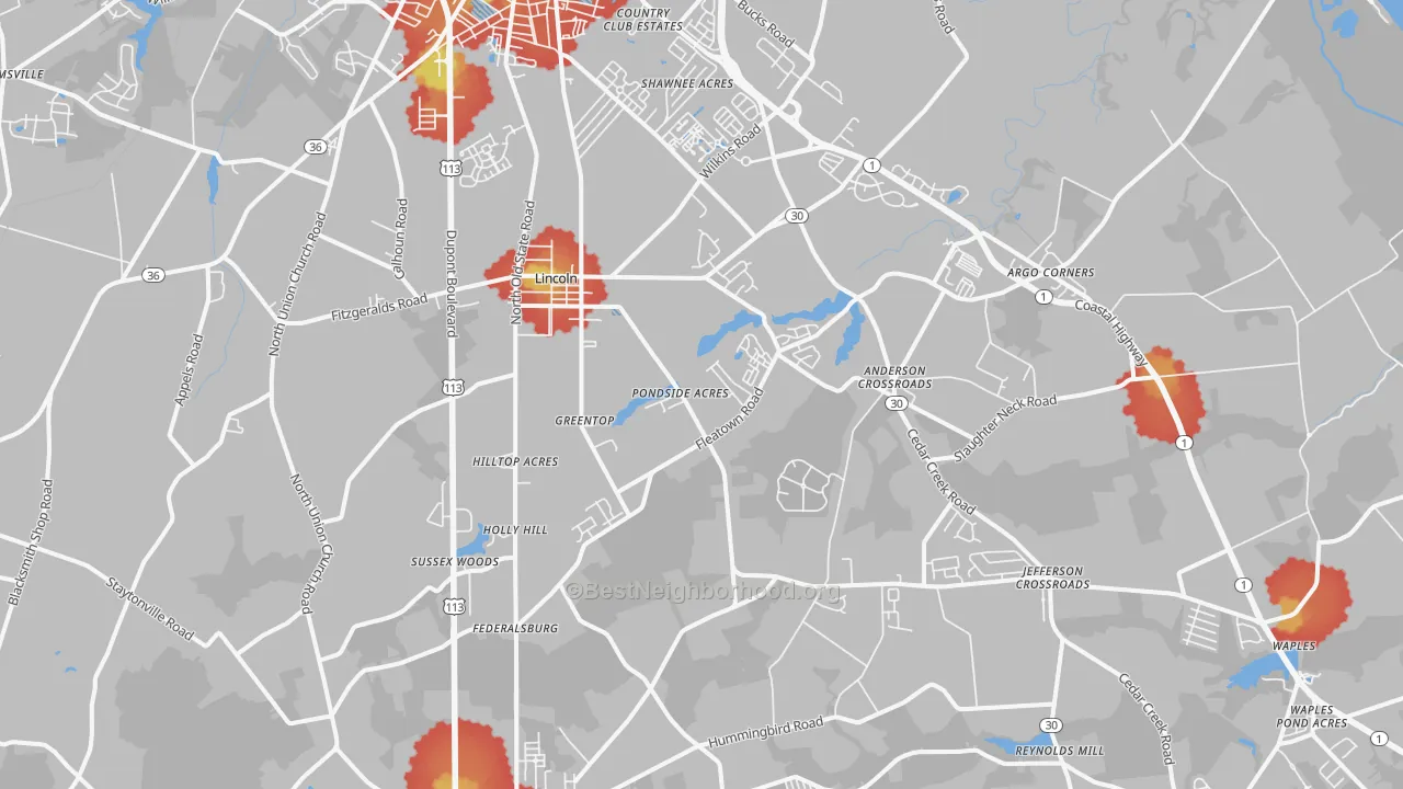 Walk Grade map of 19960, DE, walkable areas in green and car-dependent areas in red