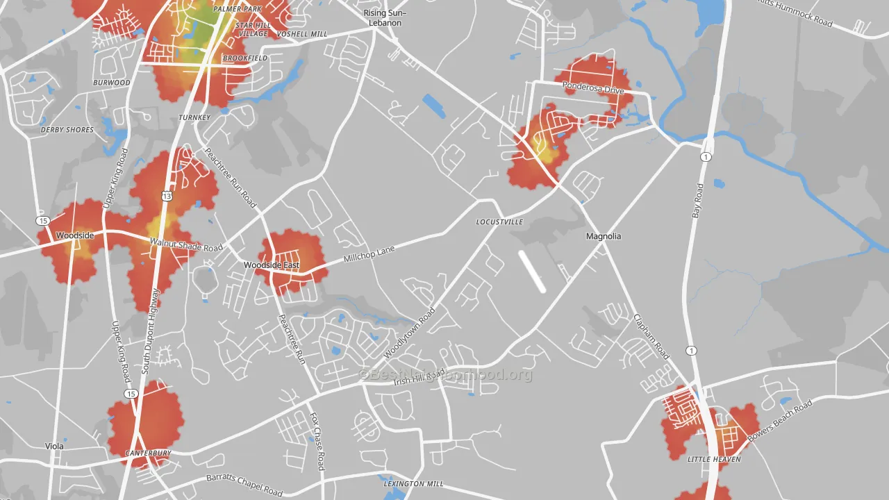 Walk Grade map of 19962, DE, walkable areas in green and car-dependent areas in red
