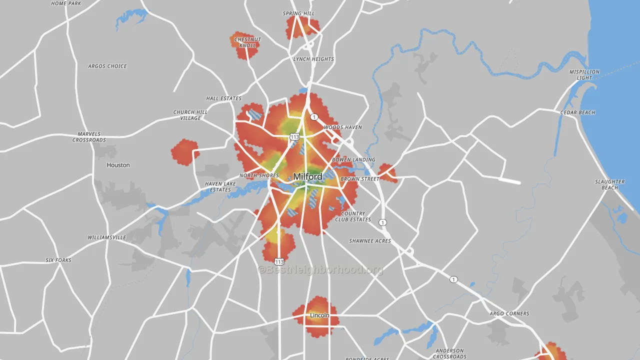 Walk Grade map of 19963, DE, walkable areas in green and car-dependent areas in red