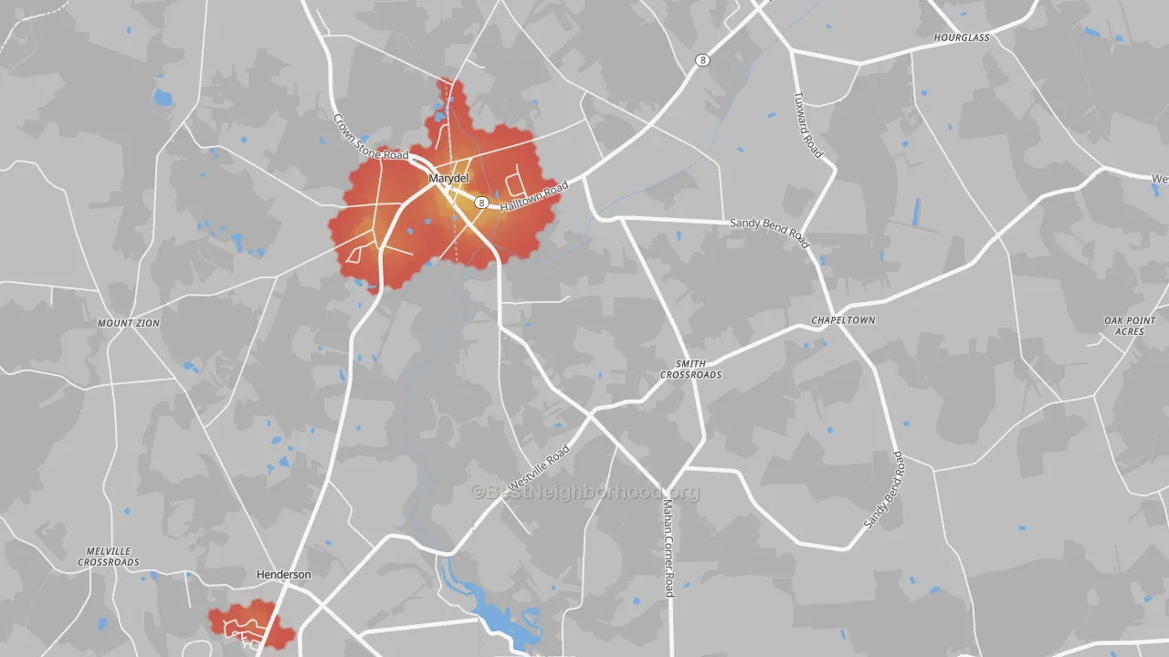 Walk Grade map of 19964, DE, walkable areas in green and car-dependent areas in red
