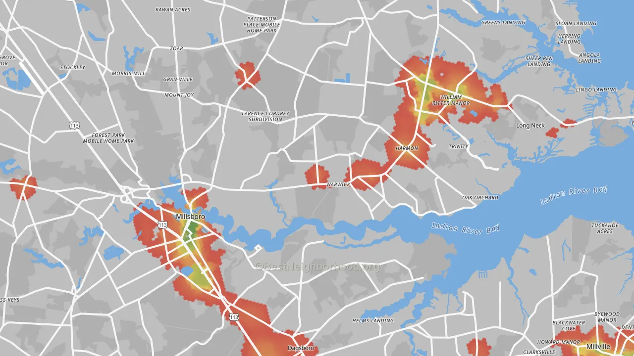 Walk Grade map of 19966, DE, walkable areas in green and car-dependent areas in red
