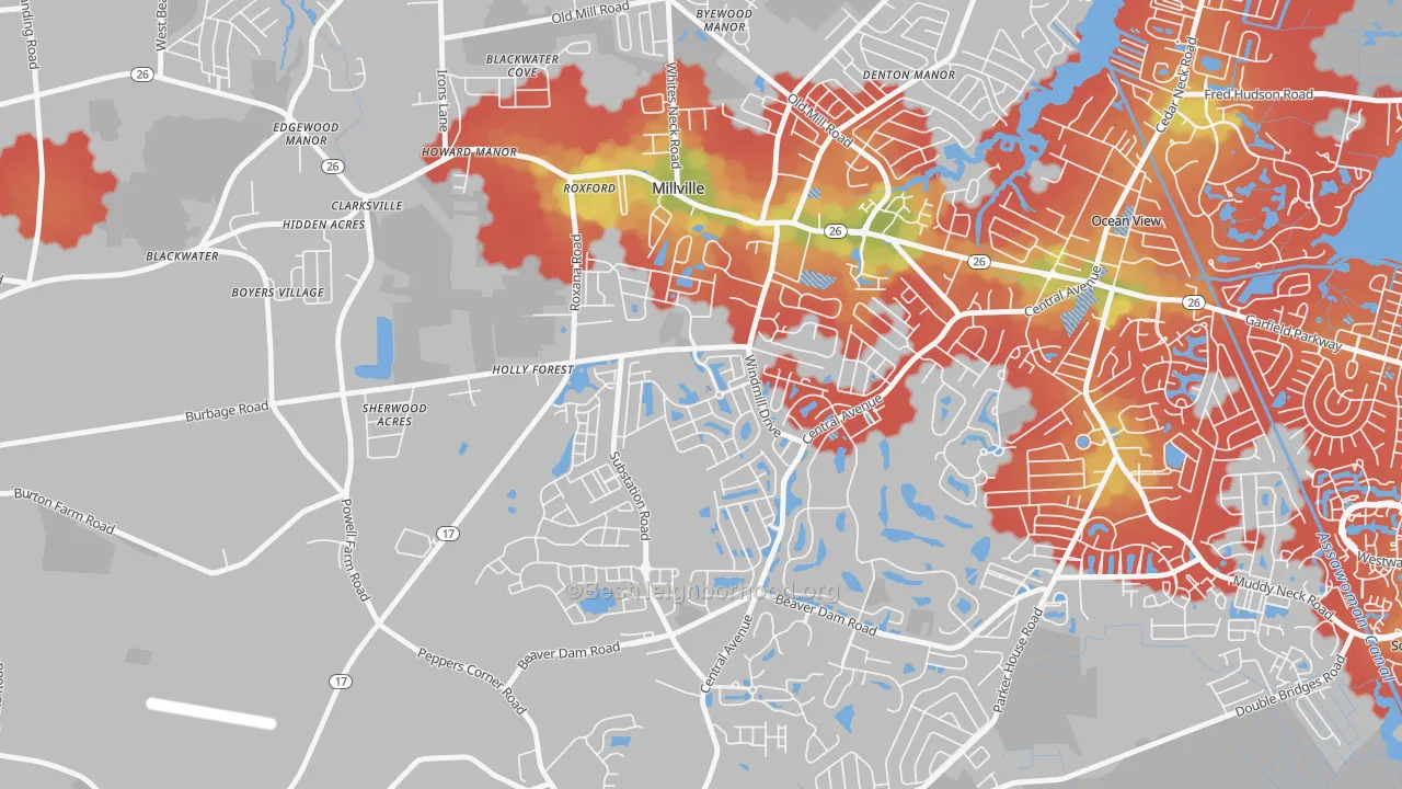 Walk Grade map of 19967, DE, walkable areas in green and car-dependent areas in red