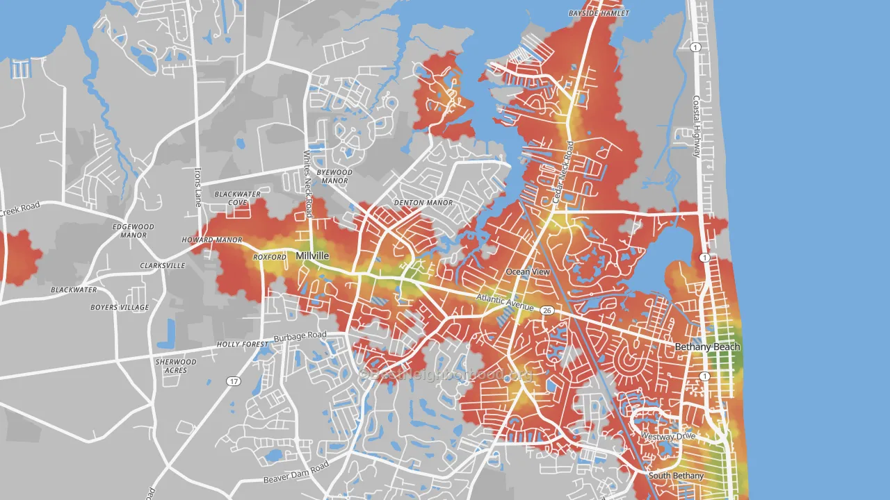 Walk Grade map of 19970, DE, walkable areas in green and car-dependent areas in red