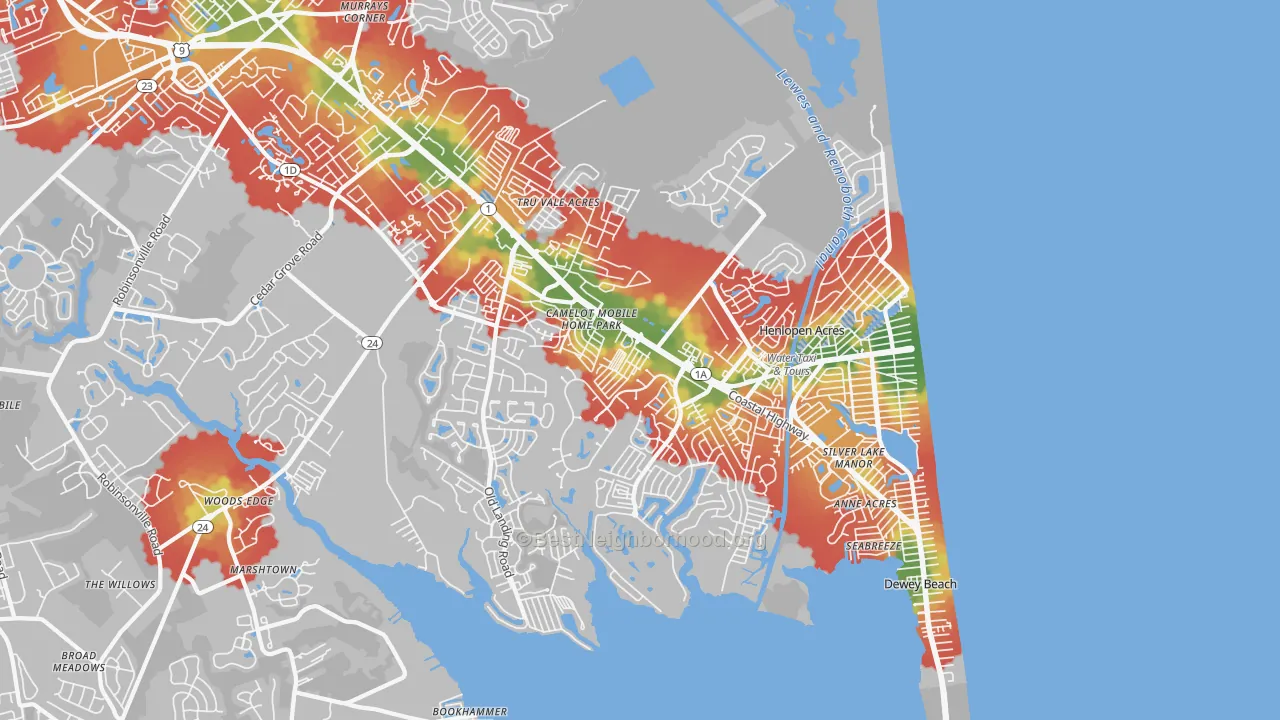 Walk Grade map of 19971, DE, walkable areas in green and car-dependent areas in red