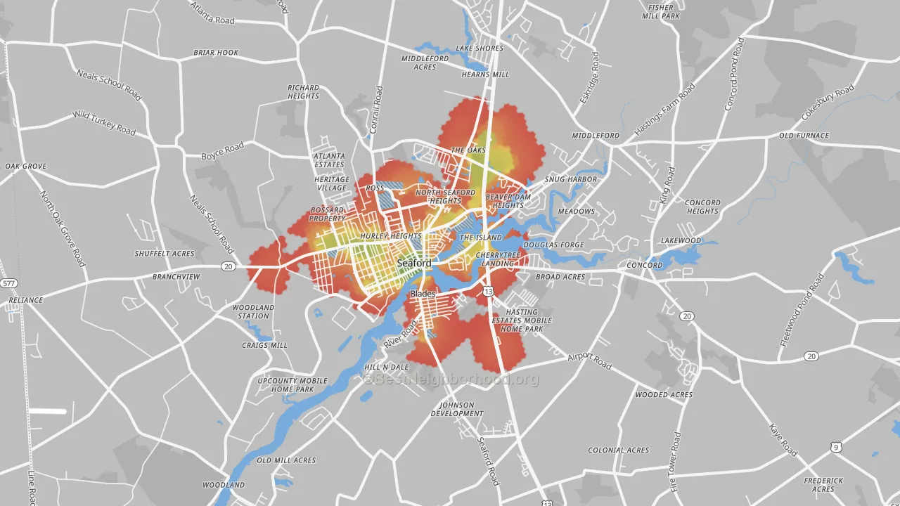 Walk Grade map of 19973, DE, walkable areas in green and car-dependent areas in red
