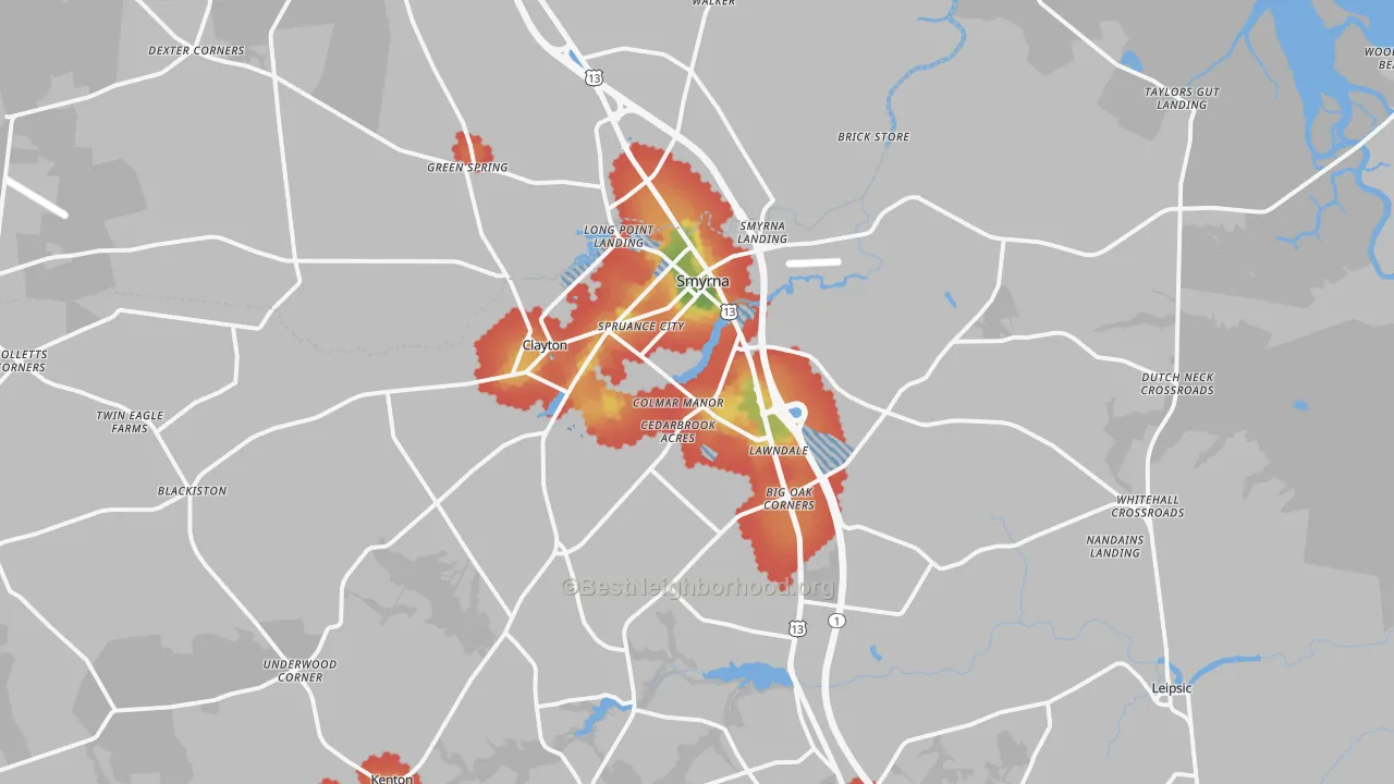 Walk Grade map of 19977, DE, walkable areas in green and car-dependent areas in red