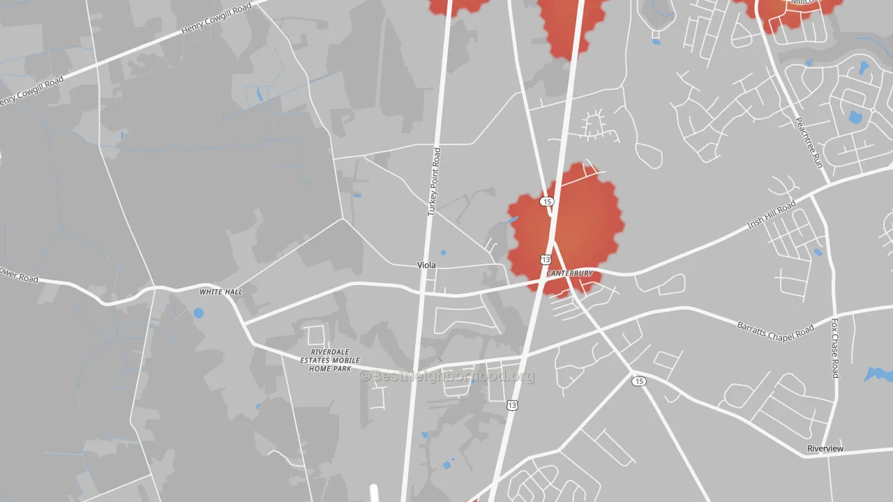 Walk Grade map of 19979, DE, walkable areas in green and car-dependent areas in red
