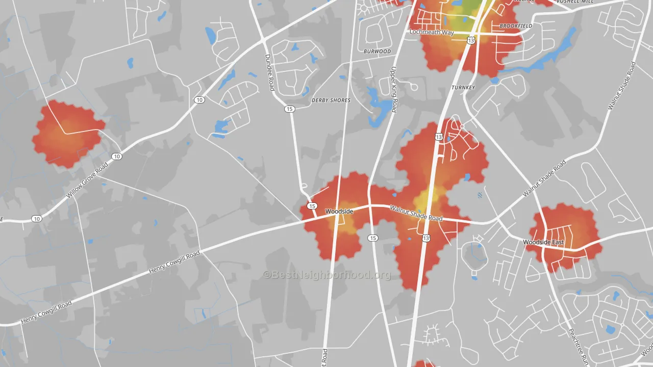 Walk Grade map of 19980, DE, walkable areas in green and car-dependent areas in red