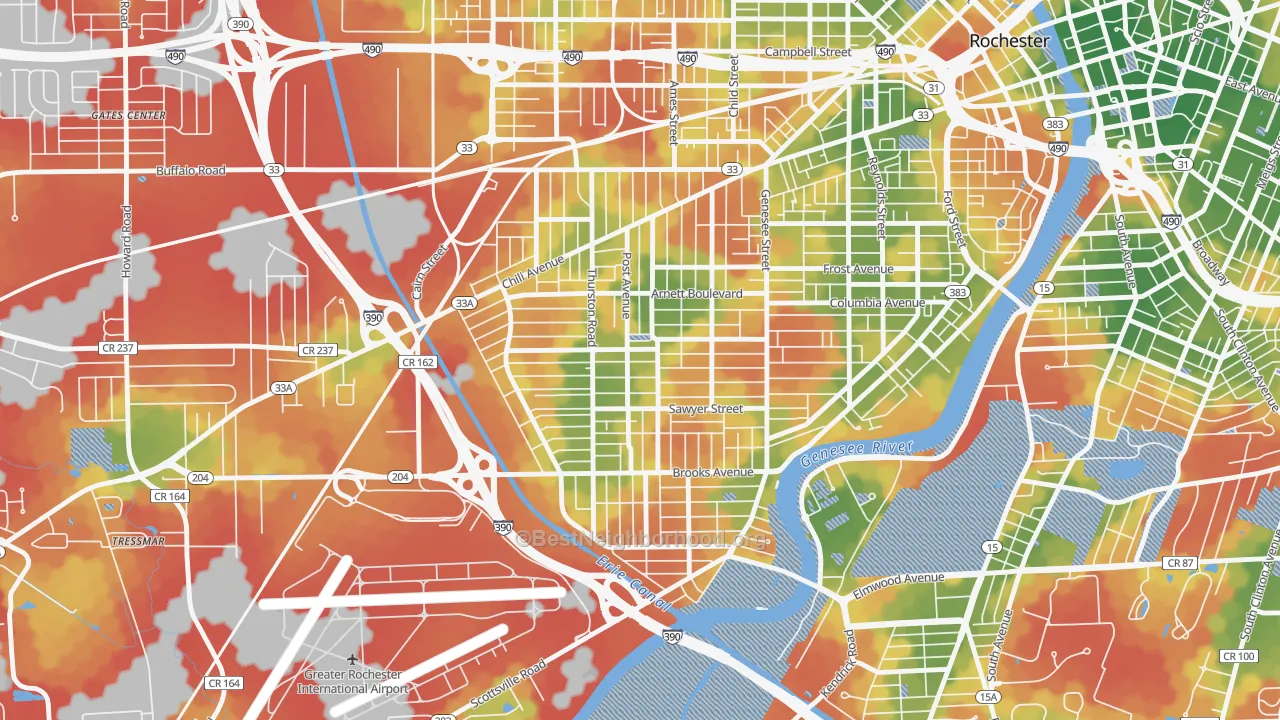 Walk Grade map of 19th Ward, Rochester, NY, walkable areas in green and car-dependent areas in red