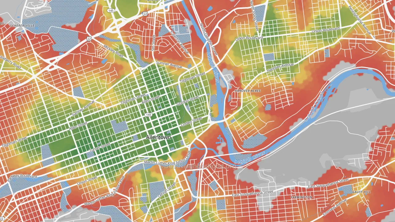 Walk Grade map of 1st Ward, Allentown, PA, walkable areas in green and car-dependent areas in red
