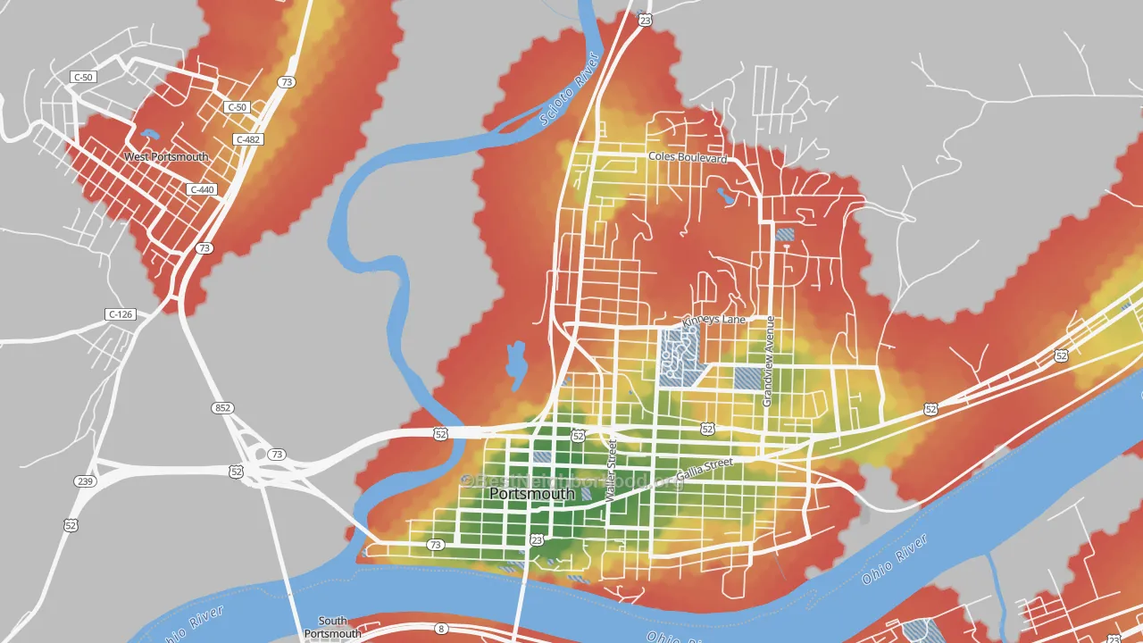 Walk Grade map of 1st Ward, Portsmouth, OH, walkable areas in green and car-dependent areas in red