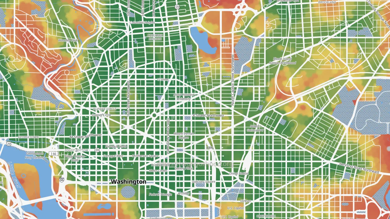 Walk Grade map of 20001, DC, walkable areas in green and car-dependent areas in red