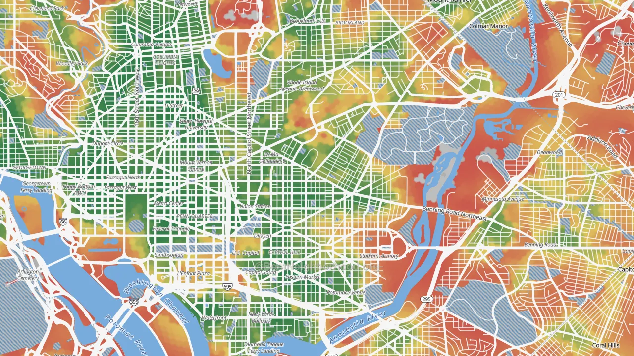 Walk Grade map of 20002, DC, walkable areas in green and car-dependent areas in red