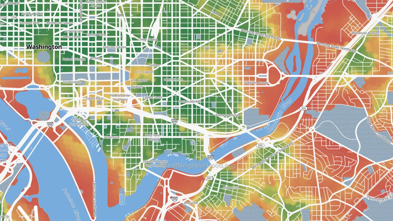 Walk Grade map of 20003, DC, walkable areas in green and car-dependent areas in red