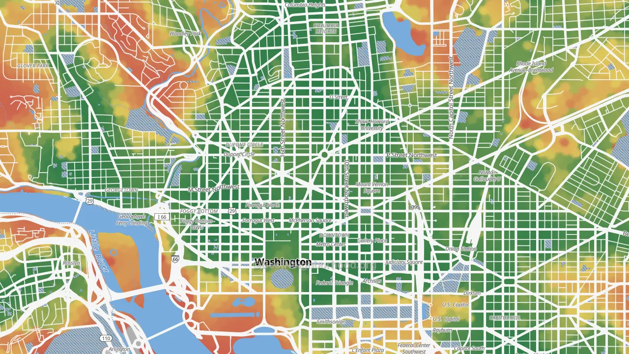 Walk Grade map of 20005, DC, walkable areas in green and car-dependent areas in red