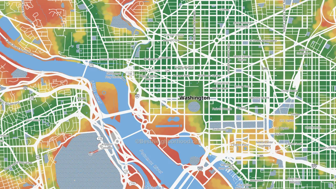 Walk Grade map of 20006, DC, walkable areas in green and car-dependent areas in red