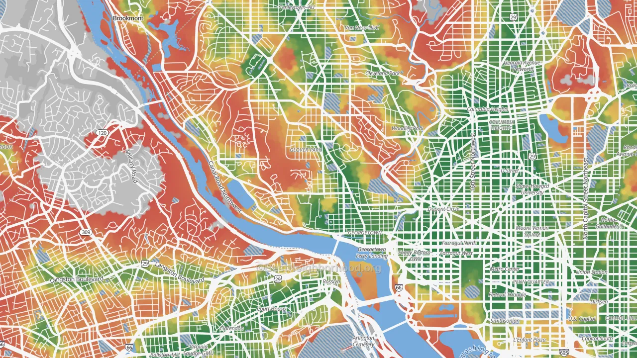 Walk Grade map of 20007, DC, walkable areas in green and car-dependent areas in red