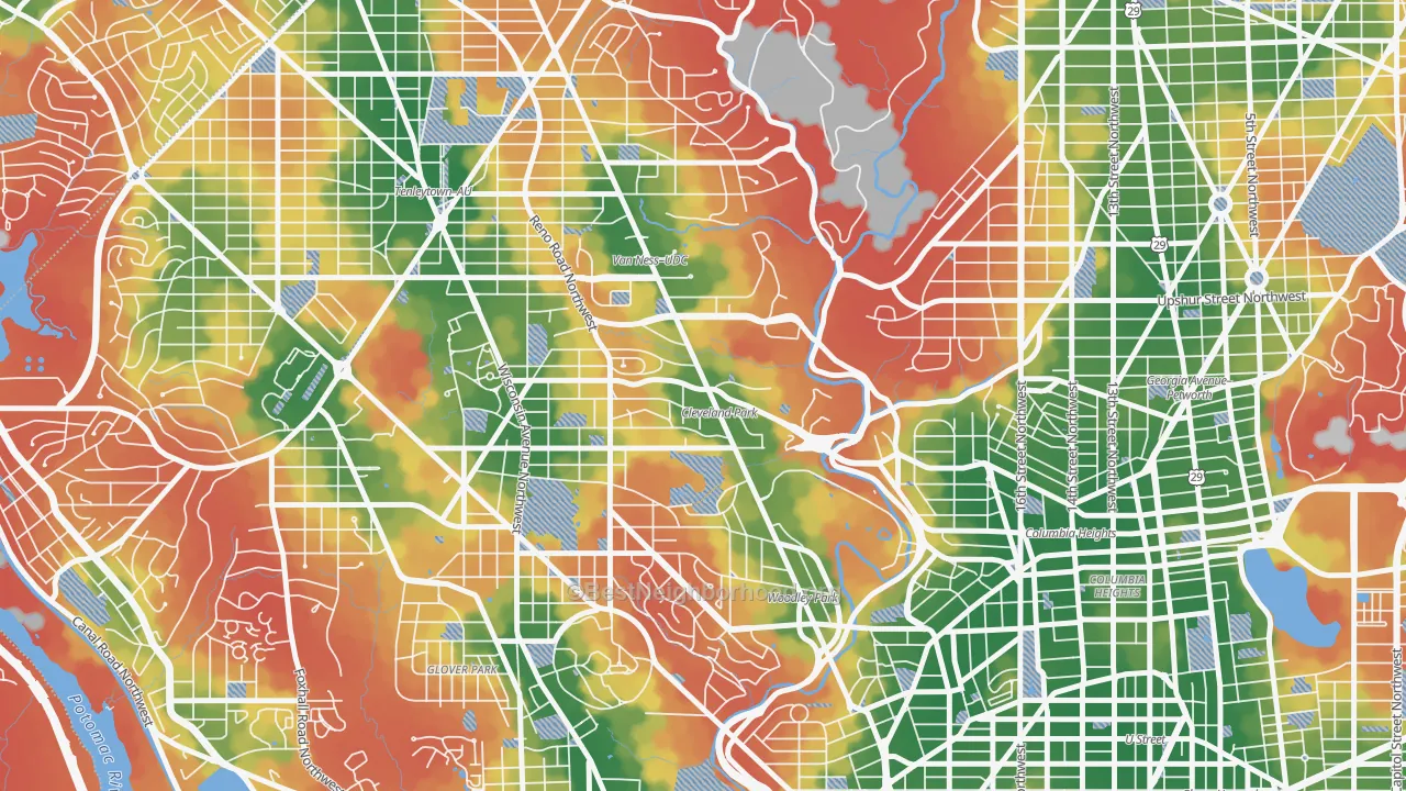 Walk Grade map of 20008, DC, walkable areas in green and car-dependent areas in red