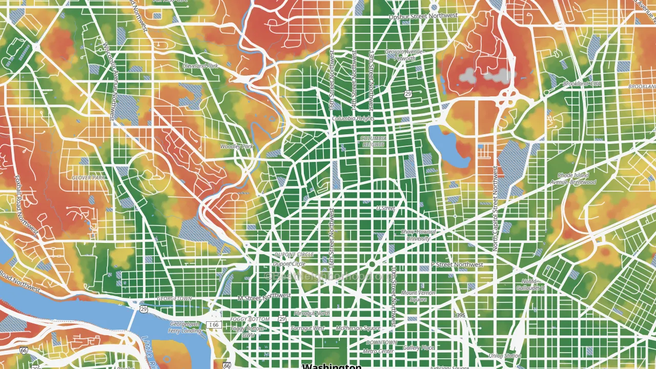 Walk Grade map of 20009, DC, walkable areas in green and car-dependent areas in red