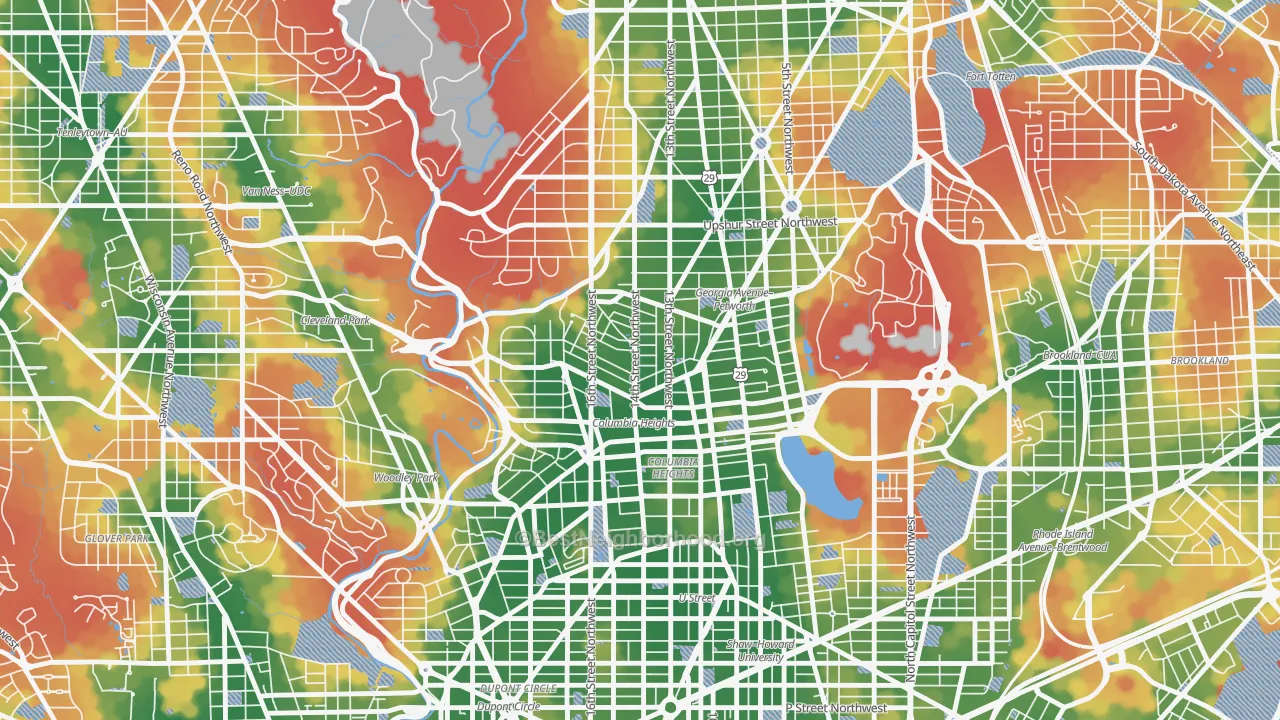 Walk Grade map of 20010, DC, walkable areas in green and car-dependent areas in red