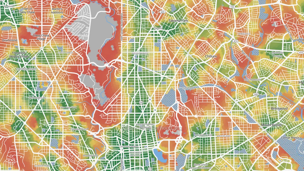 Walk Grade map of 20011, DC, walkable areas in green and car-dependent areas in red