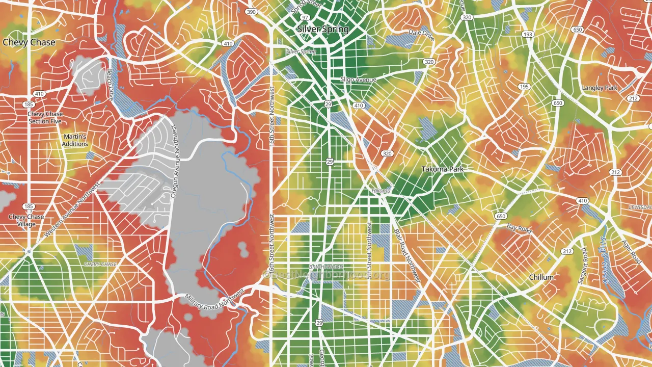 Walk Grade map of 20012, DC, walkable areas in green and car-dependent areas in red