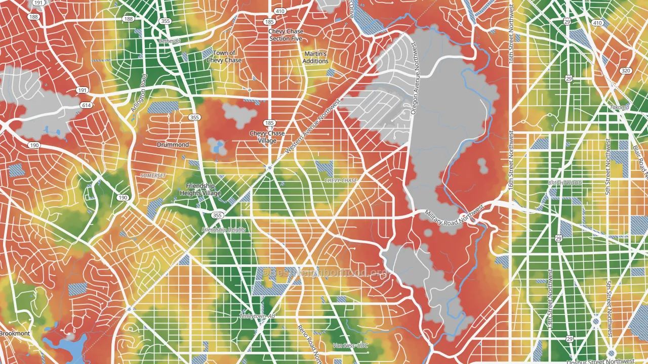 Walk Grade map of 20015, DC, walkable areas in green and car-dependent areas in red