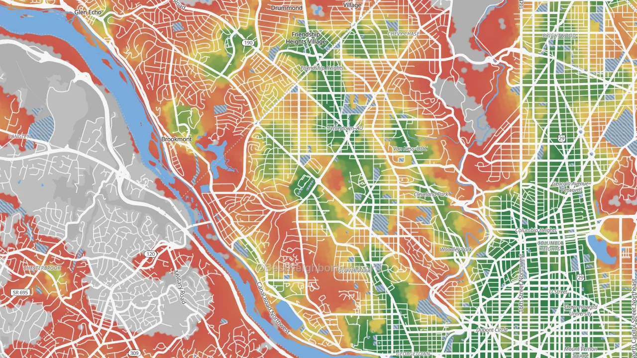 Walk Grade map of 20016, DC, walkable areas in green and car-dependent areas in red