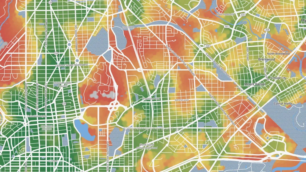 Walk Grade map of 20017, DC, walkable areas in green and car-dependent areas in red