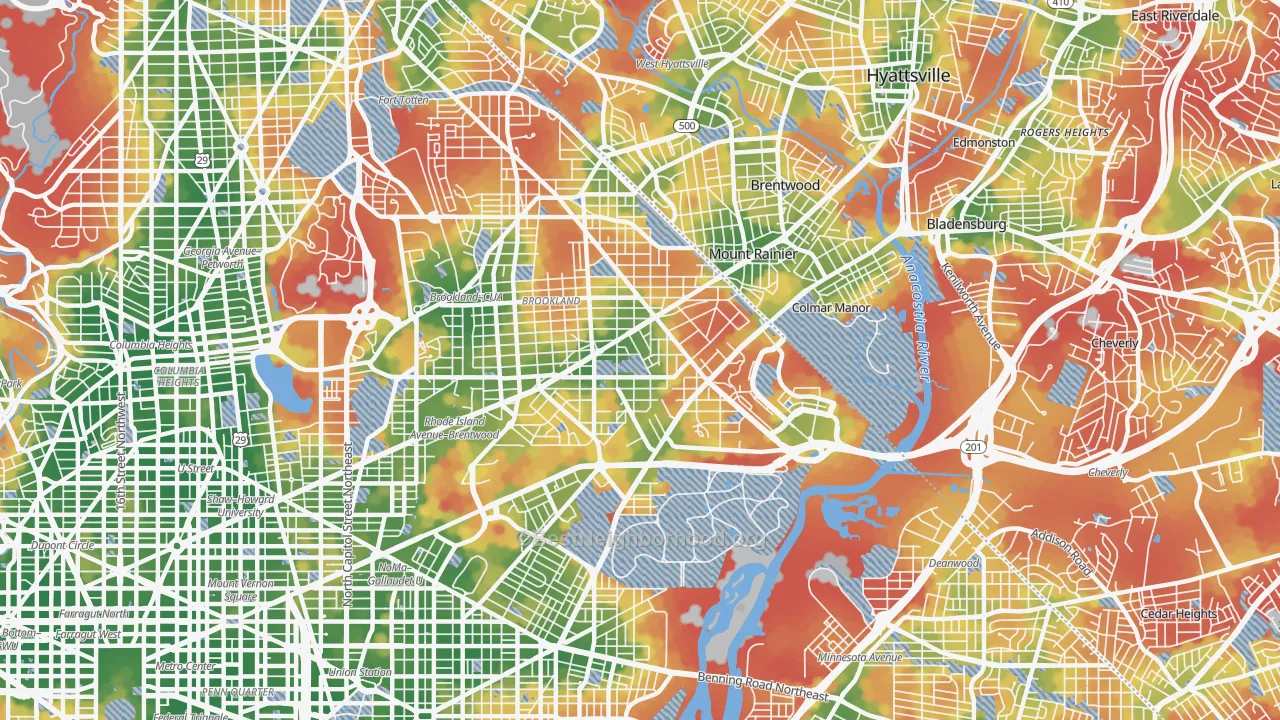 Walk Grade map of 20018, DC, walkable areas in green and car-dependent areas in red