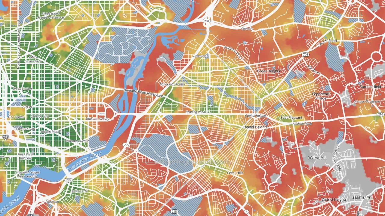 Walk Grade map of 20019, DC, walkable areas in green and car-dependent areas in red