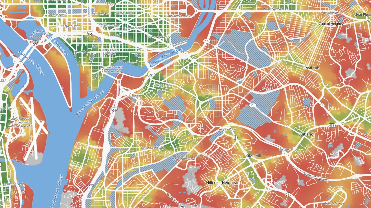 Walk Grade map of 20020, DC, walkable areas in green and car-dependent areas in red