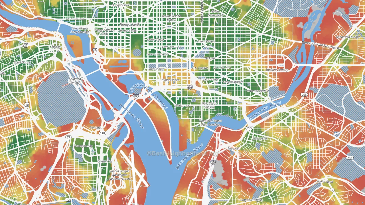 Walk Grade map of 20024, DC, walkable areas in green and car-dependent areas in red