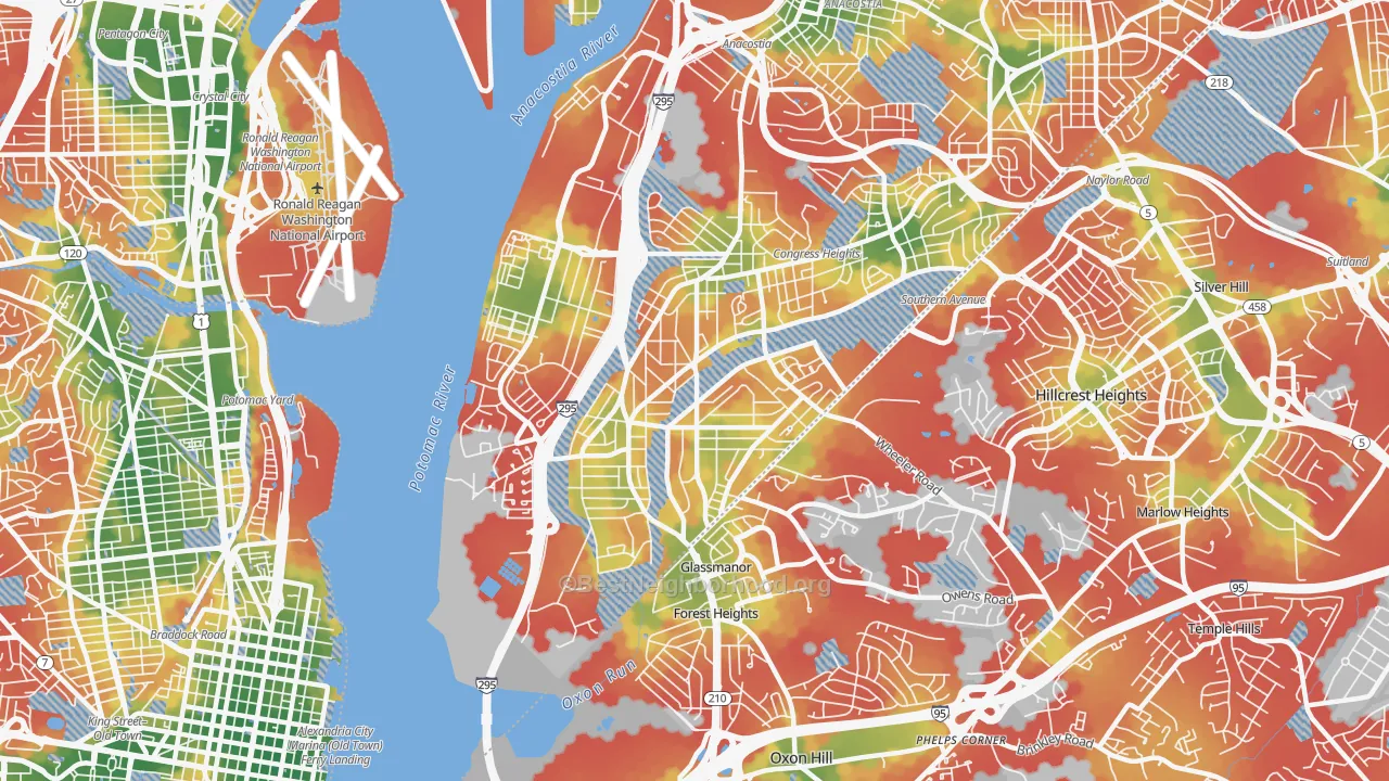 Walk Grade map of 20032, DC, walkable areas in green and car-dependent areas in red