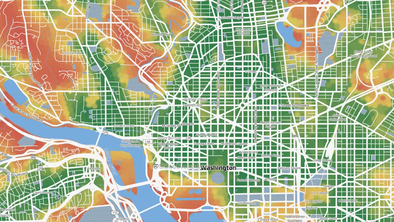 Walk Grade map of 20036, DC, walkable areas in green and car-dependent areas in red