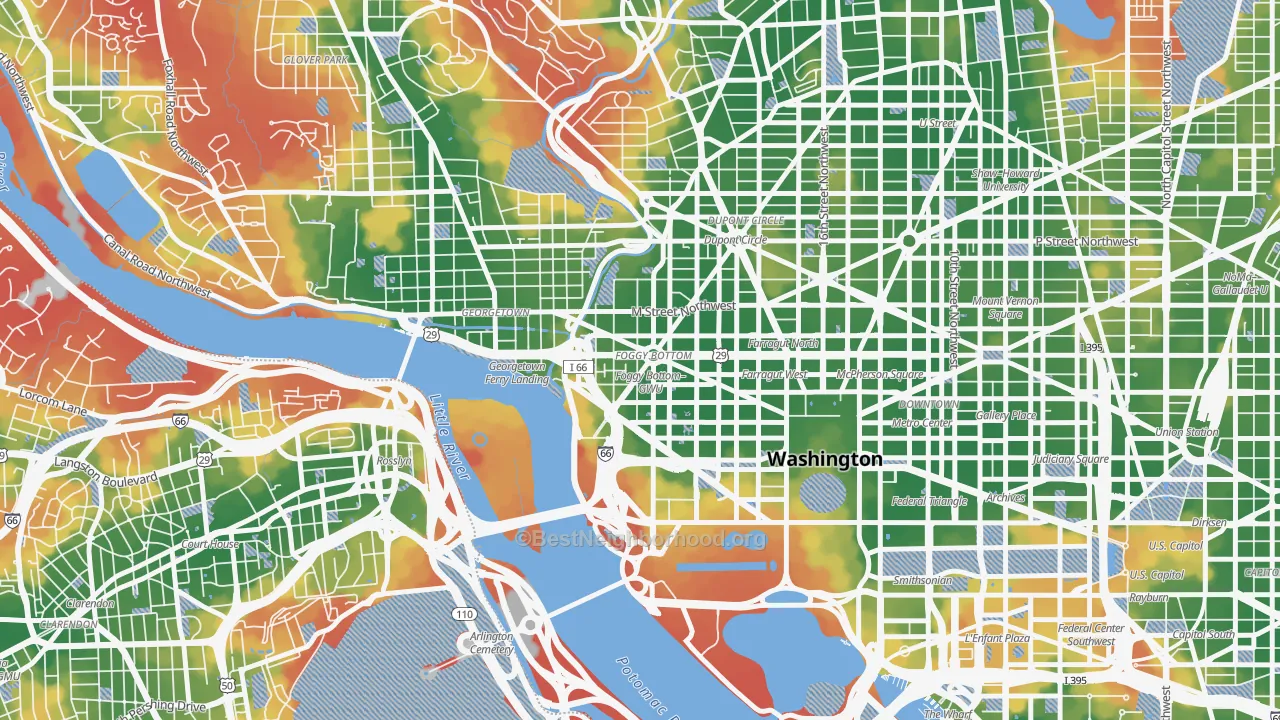 Walk Grade map of 20037, DC, walkable areas in green and car-dependent areas in red