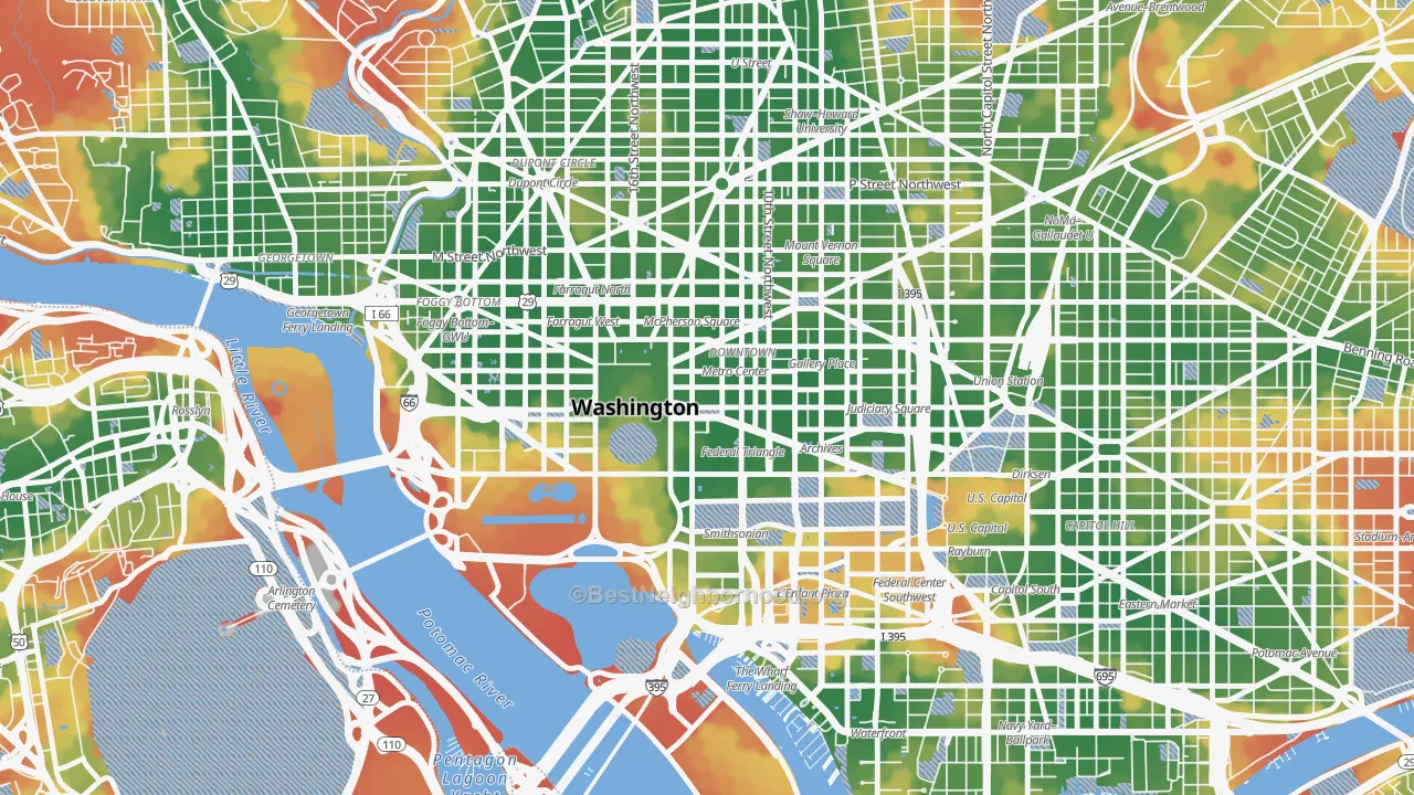 Walk Grade map of 20045, DC, walkable areas in green and car-dependent areas in red