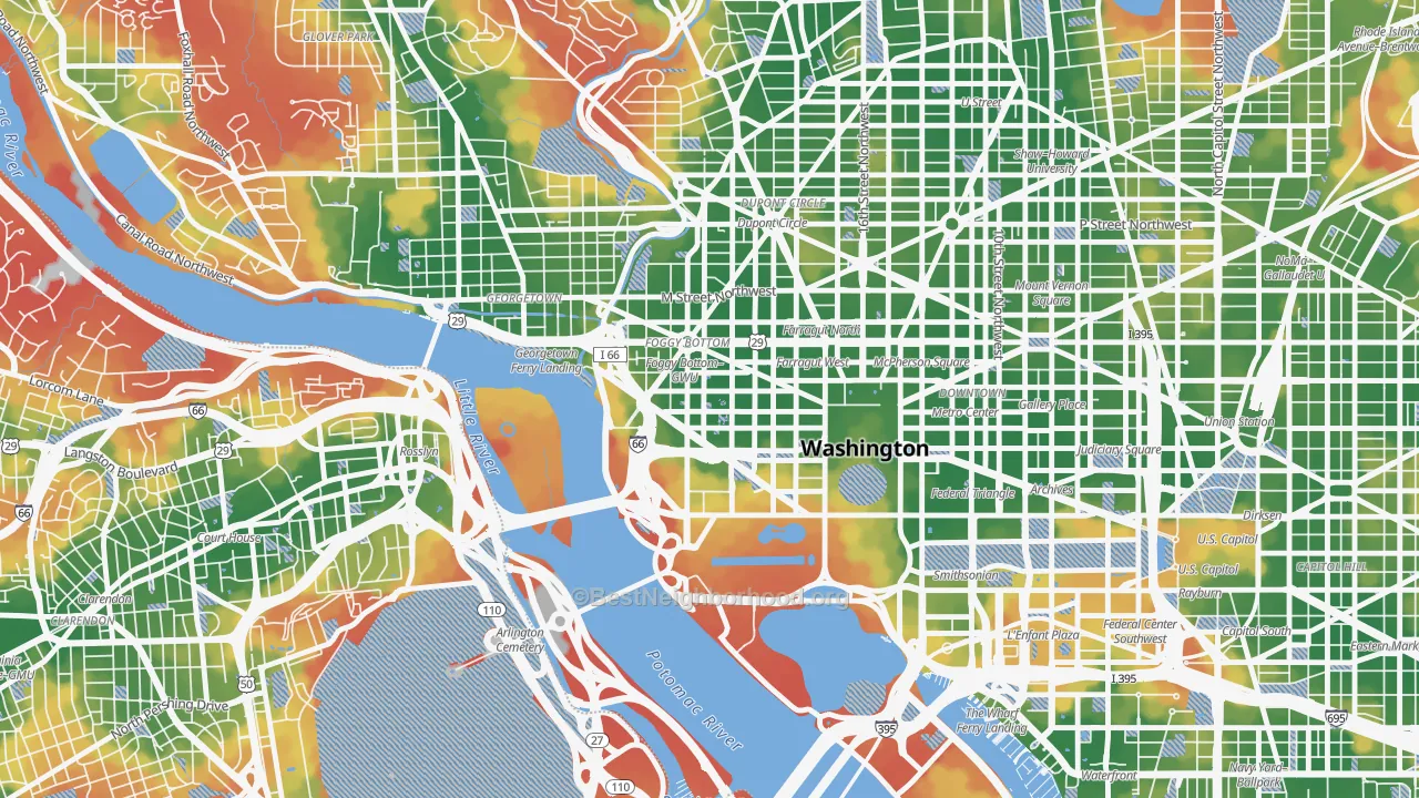 Walk Grade map of 20052, DC, walkable areas in green and car-dependent areas in red
