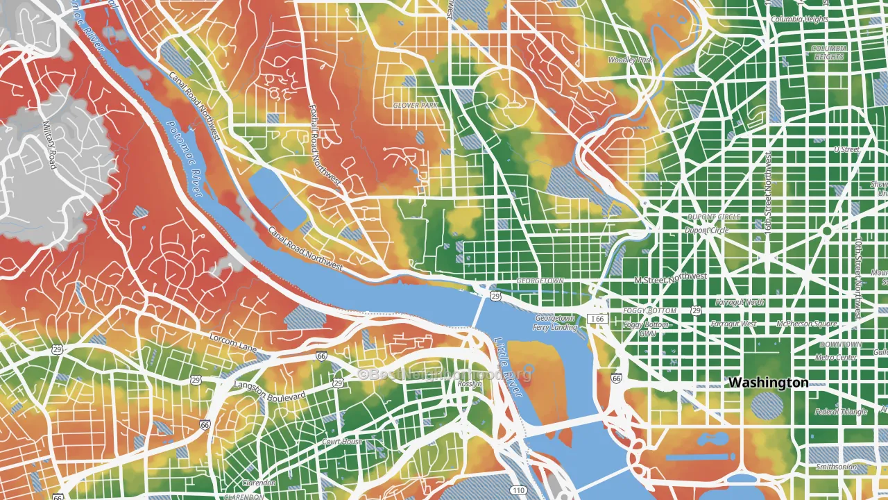 Walk Grade map of 20057, DC, walkable areas in green and car-dependent areas in red