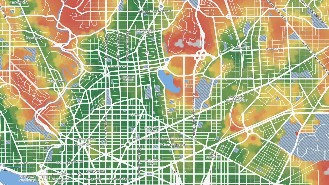 Walk Grade map of 20059, DC, walkable areas in green and car-dependent areas in red