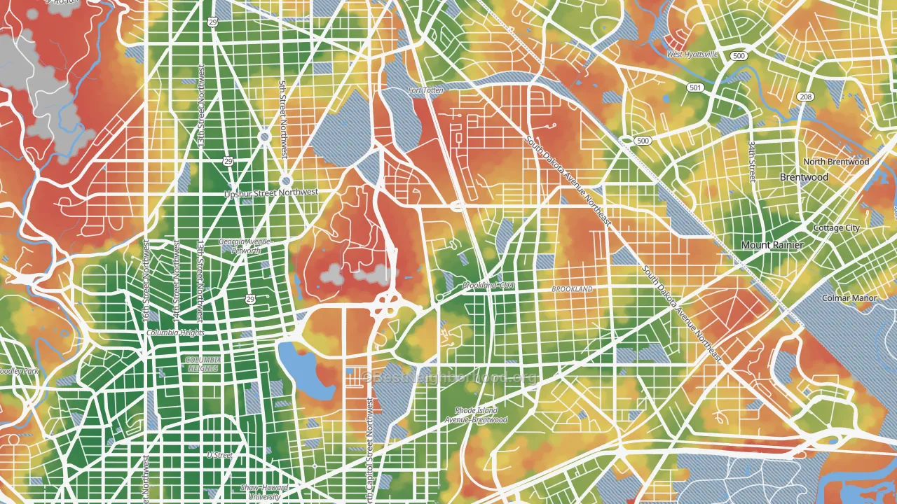 Walk Grade map of 20064, DC, walkable areas in green and car-dependent areas in red