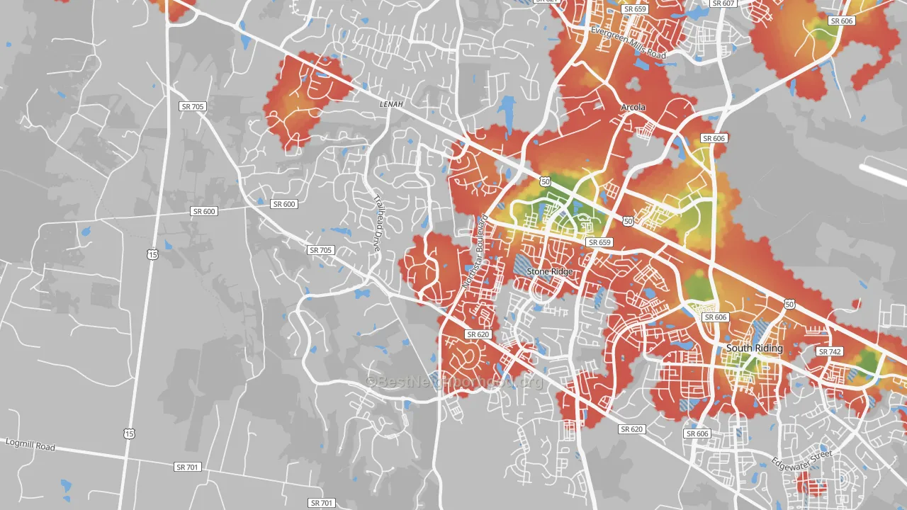 Walk Grade map of 20105, VA, walkable areas in green and car-dependent areas in red