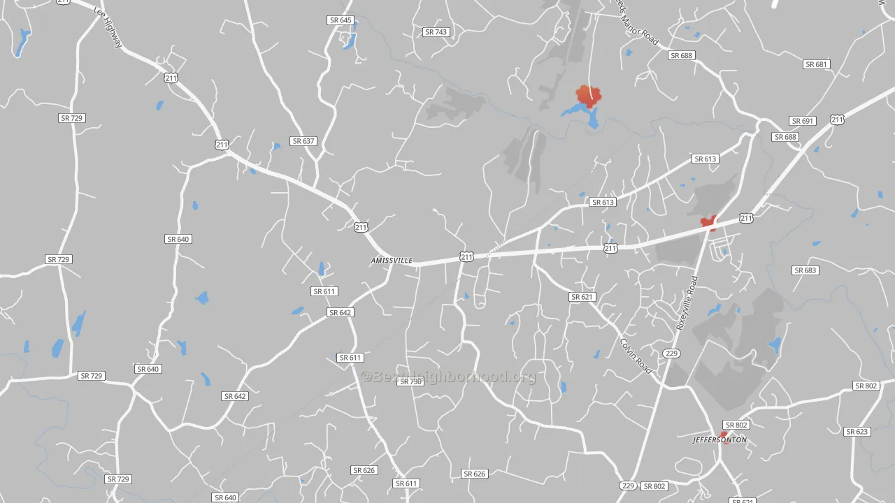 Walk Grade map of 20106, VA, walkable areas in green and car-dependent areas in red
