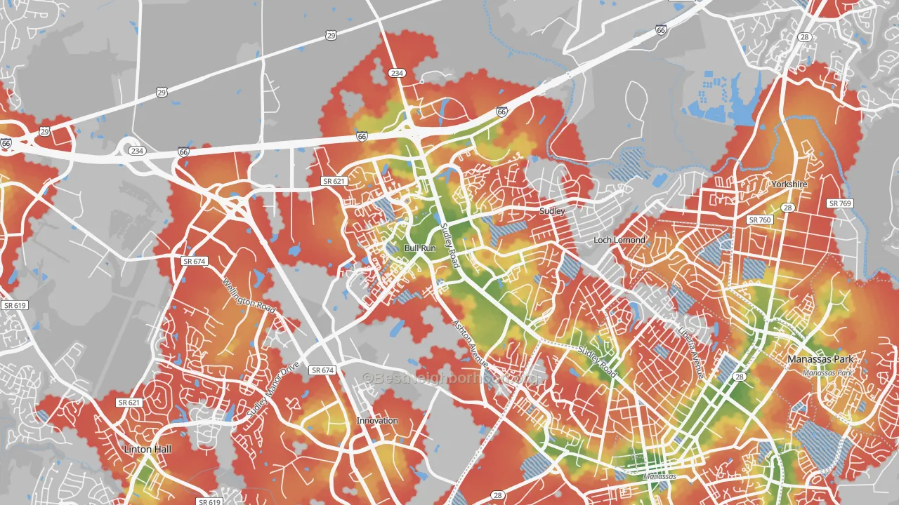 Walk Grade map of 20109, VA, walkable areas in green and car-dependent areas in red