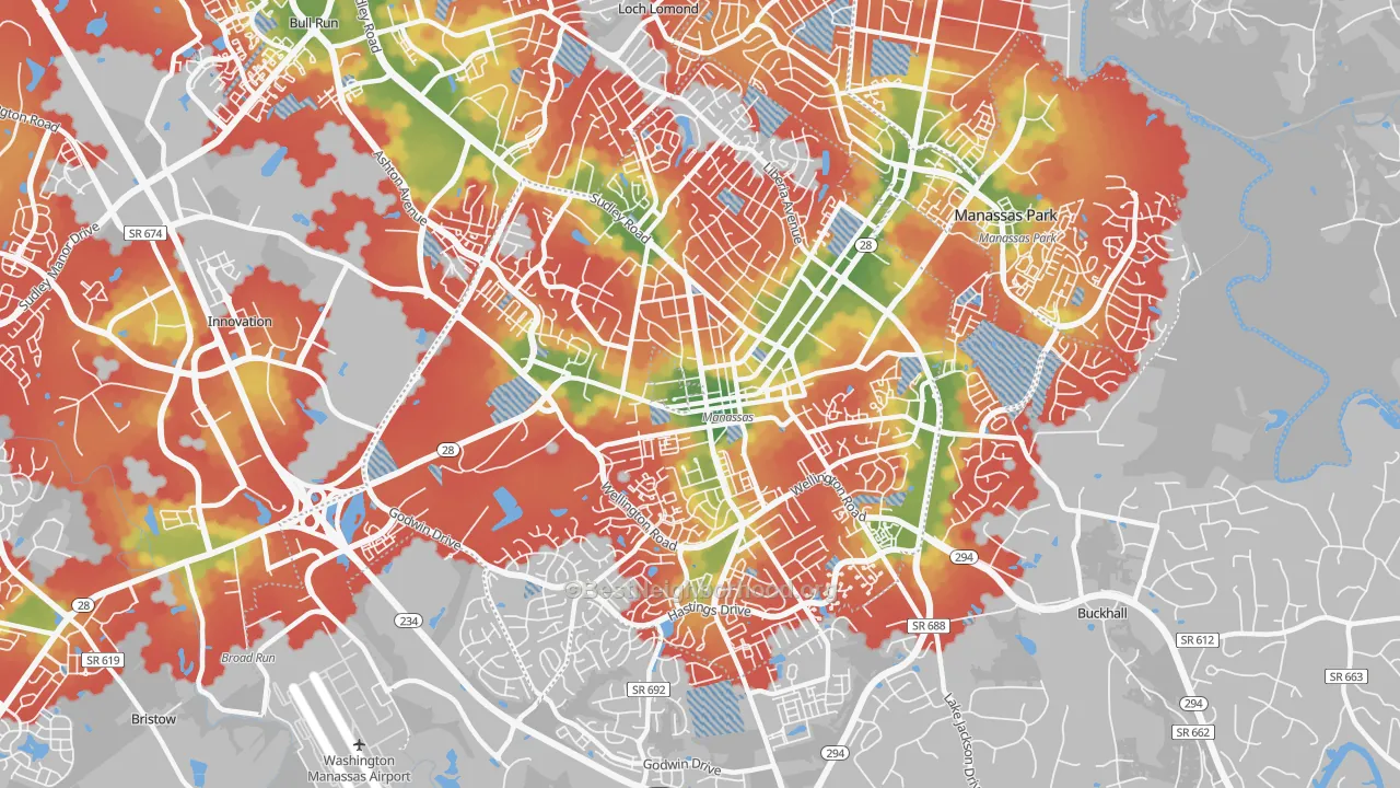 Walk Grade map of 20110, VA, walkable areas in green and car-dependent areas in red