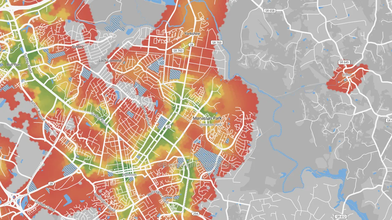 Walk Grade map of 20111, VA, walkable areas in green and car-dependent areas in red