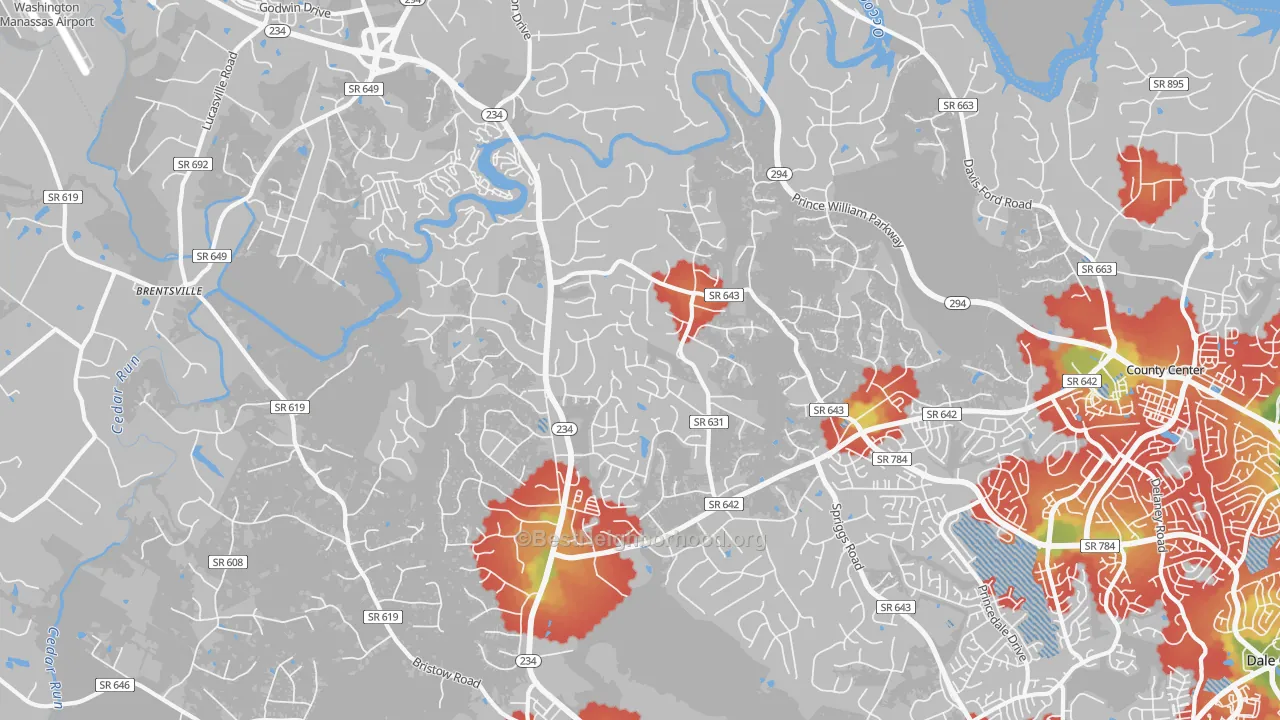 Walk Grade map of 20112, VA, walkable areas in green and car-dependent areas in red
