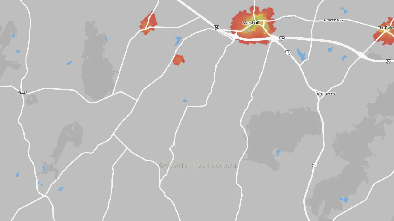 Walk Grade map of 20115, VA, walkable areas in green and car-dependent areas in red
