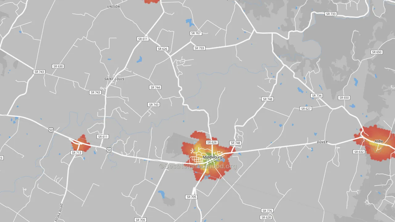 Walk Grade map of 20117, VA, walkable areas in green and car-dependent areas in red